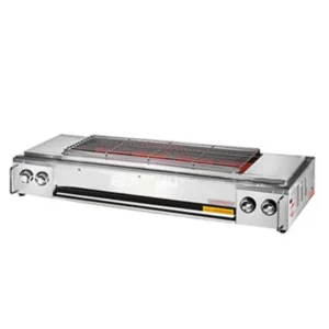 Stainless steel commercial grill with adjustable temperature controls, ideal for Asian cuisine and food hygiene.