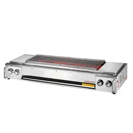 Stainless steel commercial grill with adjustable temperature controls, ideal for Asian cuisine and food hygiene.