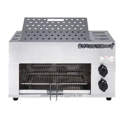 Stainless steel commercial gas toaster oven with adjustable temperature controls and multiple rack levels for professional kitchen use.