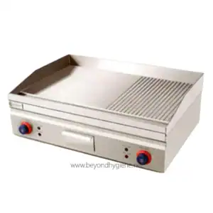 Commercial stainless steel electric hot plate with adjustable temperature controls for professional kitchen and food service use.