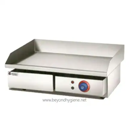 Stainless steel electric griddle perfect for commercial kitchen and food service, easy to clean, durable, and provides even heat distribution for cooking.