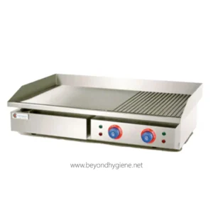Stainless steel commercial electric griddle for food service and cooking at Beyond Hygiene Asia.