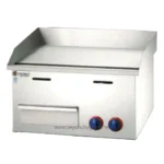 Stainless steel commercial griddle with adjustable temperature controls, designed for professional kitchen use. Perfect for restaurant cooking and food preparation.