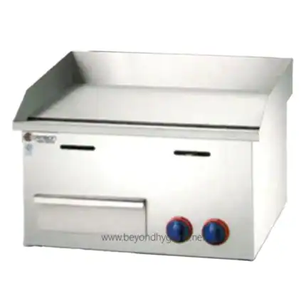 Stainless steel commercial griddle with adjustable temperature controls, designed for professional kitchen use. Perfect for restaurant cooking and food preparation.