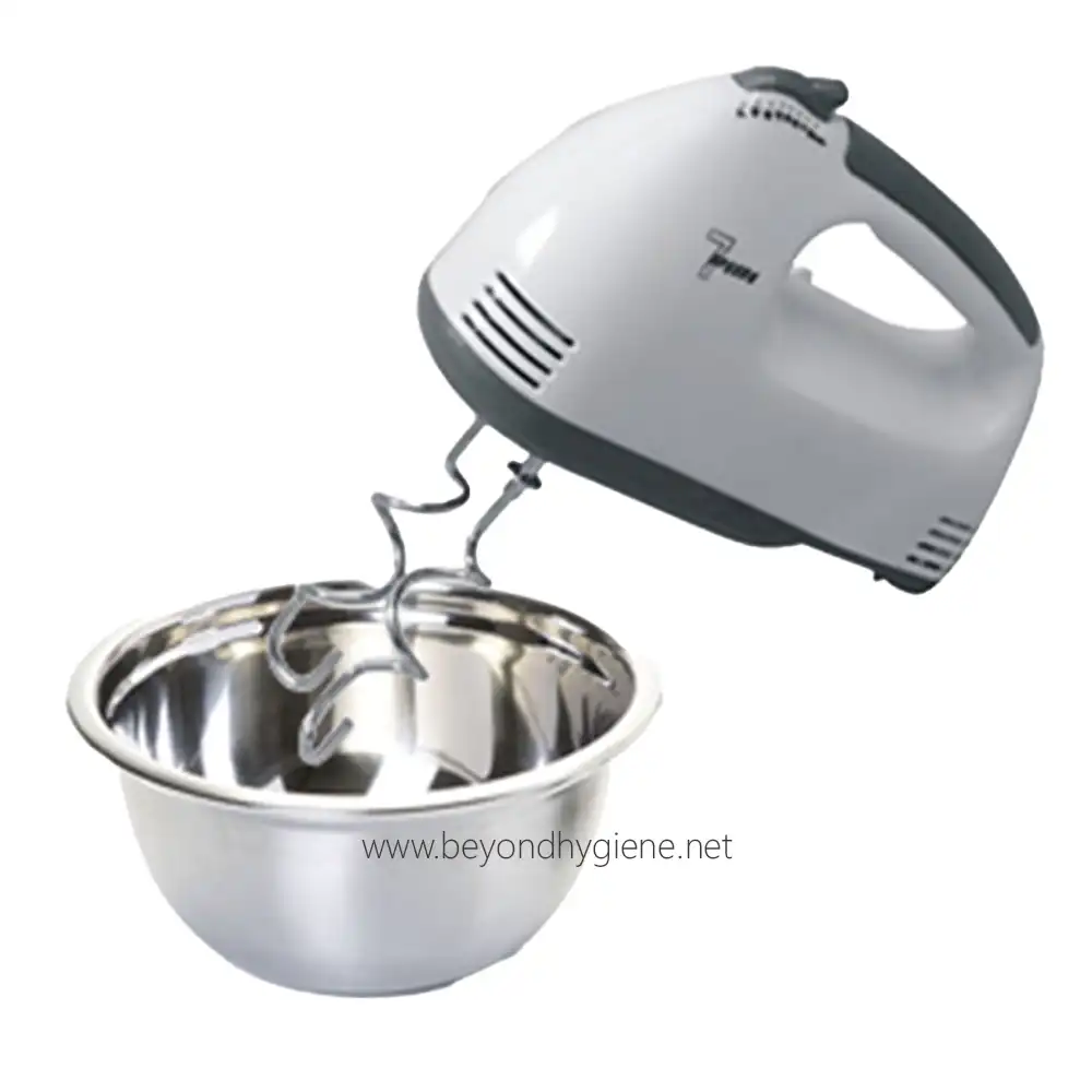 Hand Mixer HE-204-1 Electric hand mixer with stainless steel mixing attachments and mixing bowl for commercial and residential hygiene and food preparation.