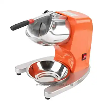 Stainless steel commercial ice crusher machine with orange body for efficient ice grinding in hospitality and food service sectors.