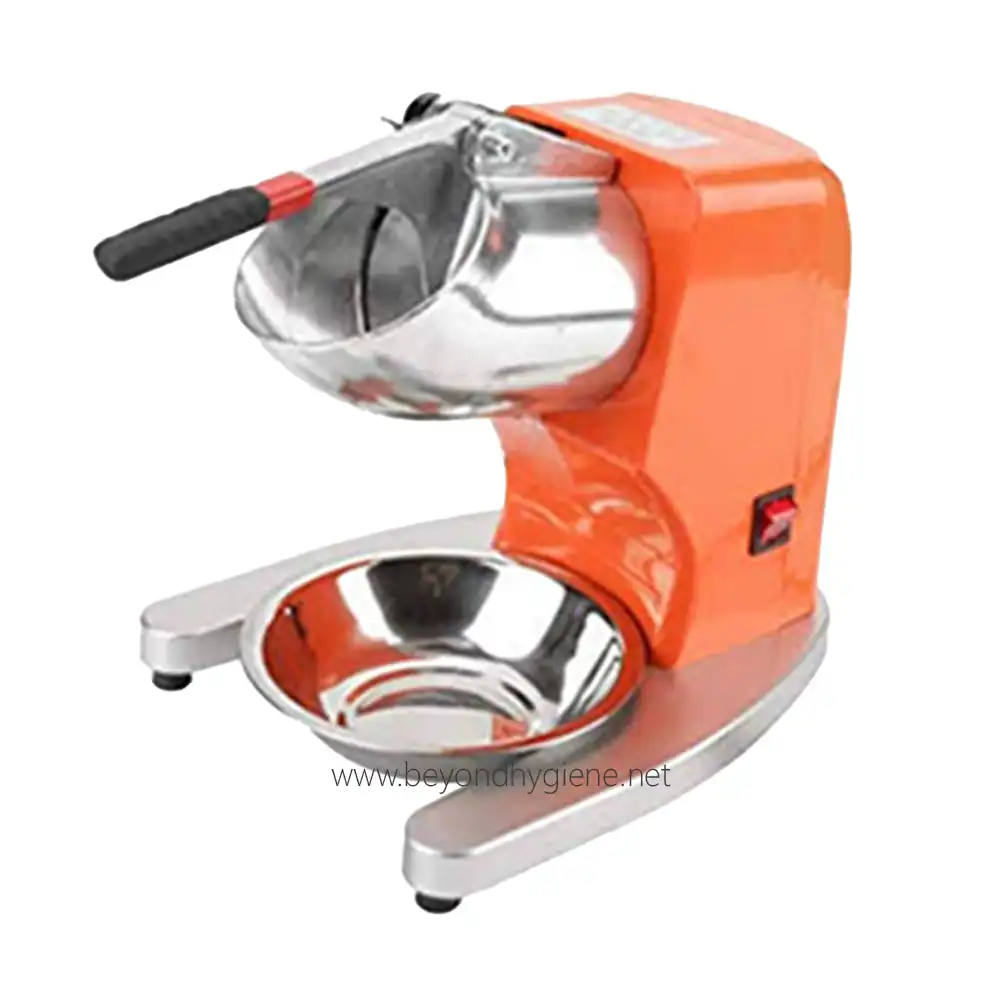 Ice Crusher 500-1 Stainless steel commercial ice crusher machine with orange body for efficient ice grinding in hospitality and food service sectors.