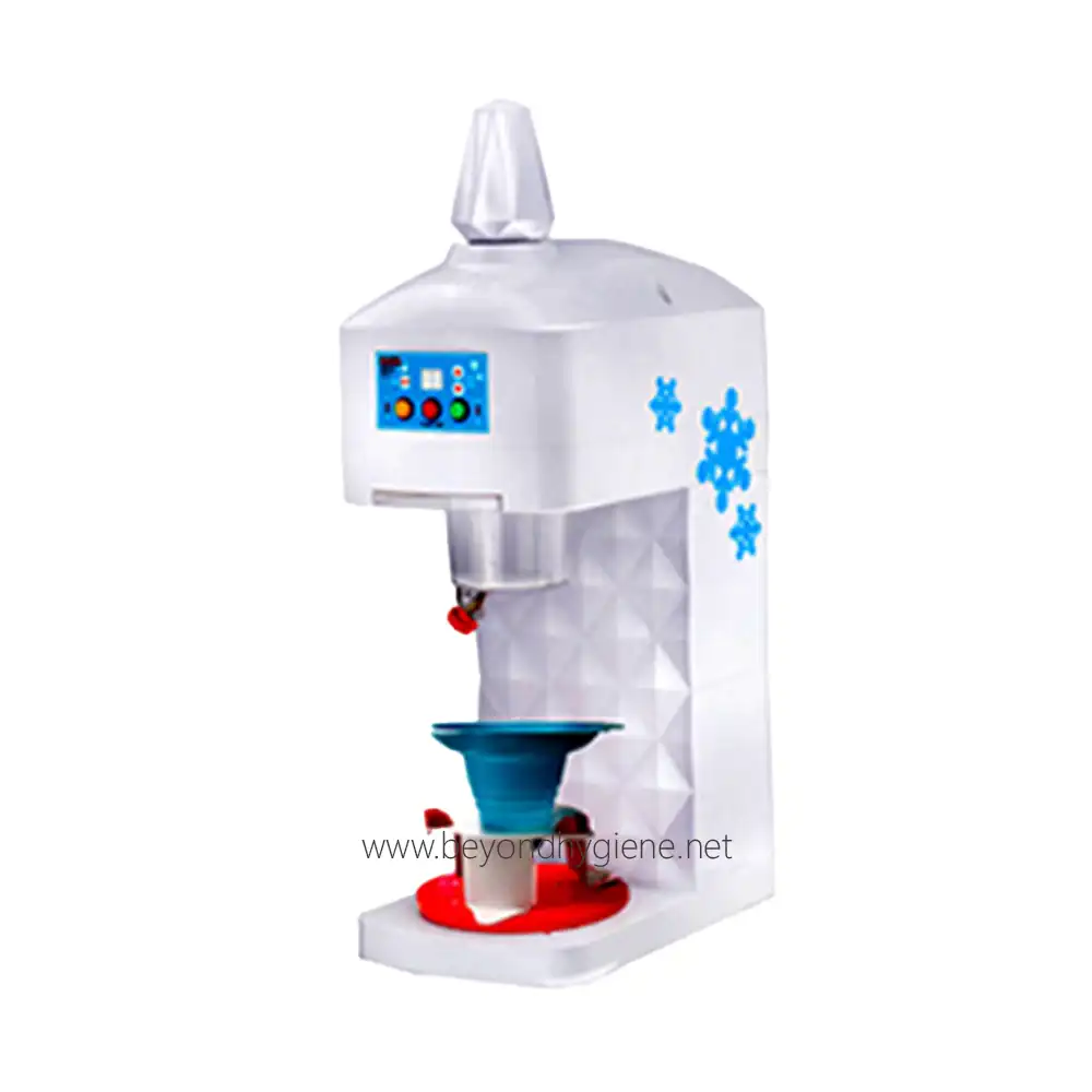 Ice Crusher AB-01-1 Automatic snow cone machine for ice shaving, ideal for cafes, events, and concessions to serve flavored ice treats efficiently and hygienically in Asia.