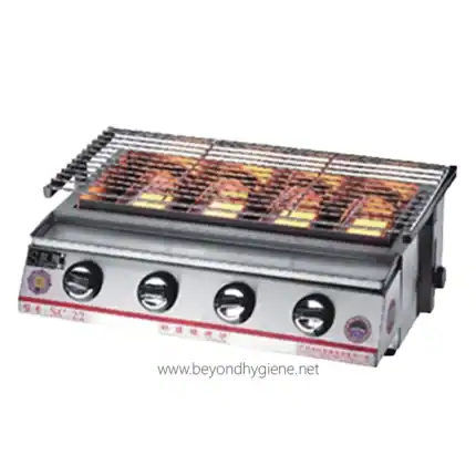 Stainless steel commercial gas grill with multiple burners and adjustable knobs, used in food service, catering, and restaurant kitchens for grilling meat, vegetables, and more.