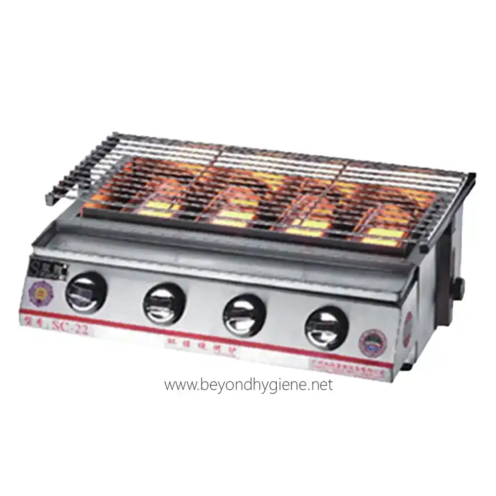 Stainless steel commercial gas grill with multiple burners and adjustable knobs, used in food service, catering, and restaurant kitchens for grilling meat, vegetables, and more.