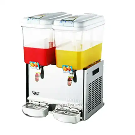 Liquid beverage dispensers for commercial use, dual-tank juice and soda dispenser machine, stainless steel countertop beverage dispenser, ideal for cafes, restaurants, and catering, easy touch controls, includes chilled water option, durable and hygienic design.