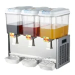 Dispenser for flavored drink syrups with three separate containers, ideal for beverage stations, perfect for hospitality and food service industry.