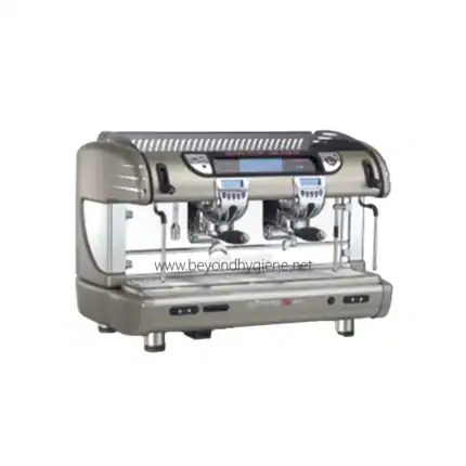 Commercial espresso coffee machine with dual group heads, stainless steel construction, and digital controls for professional coffee brewing.