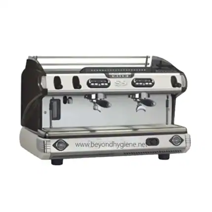 Commercial espresso coffee machine for barista use, featuring dual group heads and advanced steam wands, ideal for coffee shops and cafes seeking quality brewing equipment.