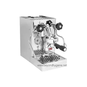 Stainless steel commercial espresso machine for cafes and restaurants with dual group heads and professional brewing capabilities.