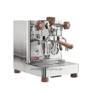 Stainless steel commercial espresso coffee machine with wooden accents, ideal for professional coffee shops and cafes in Asia.