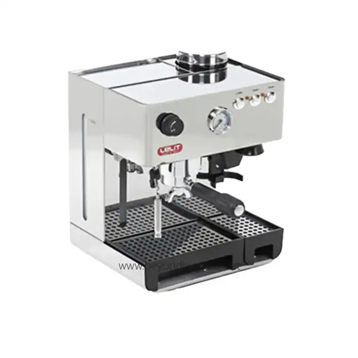 Commercial espresso coffee machine for professional barista use, stainless steel design, with control knobs and portafilter, ideal for cafes and restaurants.