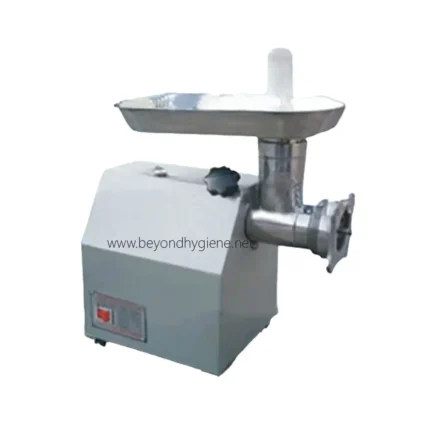 Stainless steel meat grinder with a tray for commercial food processing, suitable for hygienic and efficient meat grinding applications. Designed for restaurant and industrial kitchens.