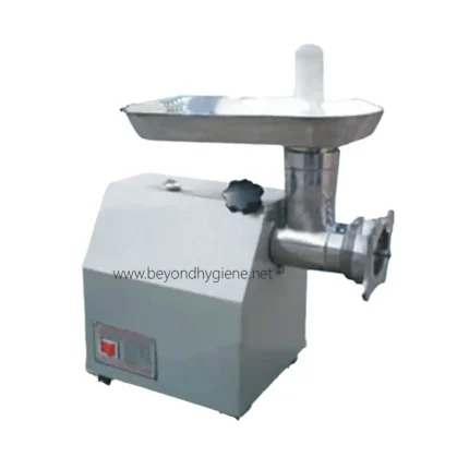 Electric meat grinder for commercial food processing, stainless steel construction, suitable for restaurants and butcher shops, easy to operate.