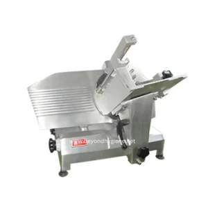 Slicing machine for food processing, stainless steel commercial meat slicer, industrial food preparation equipment.