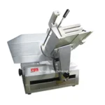 Heavy-duty commercial meat slicer with adjustable thickness settings, stainless steel construction, perfect for food service and butchers.