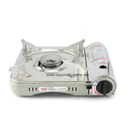 Stainless steel portable gas stove with adjustable burner, ideal for outdoor cooking and camping purposes. Compact design for easy transportation and reliable performance.