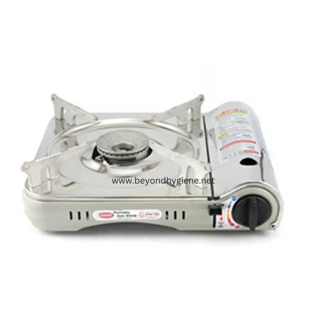 Portable Burner HSB-0907S Stainless steel portable gas stove with adjustable burner, ideal for outdoor cooking and camping purposes. Compact design for easy transportation and reliable performance.
