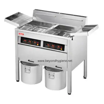 Stainless steel commercial double tank deep fryer for food preparation and frying.