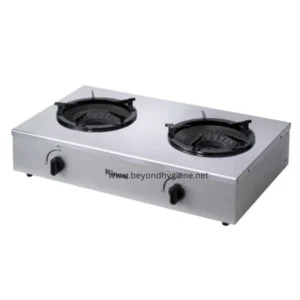 Gas stove for commercial kitchen use with two burners, stainless steel construction, adjustable heat controls, and durable design for professional culinary environments.