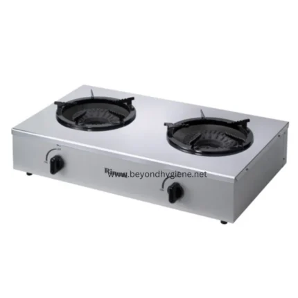 Gas stove for commercial kitchen use with two burners, stainless steel construction, adjustable heat controls, and durable design for professional culinary environments.