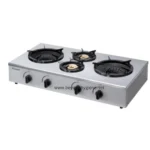 Stainless steel commercial gas stove with three burners, ideal for professional kitchens and hygiene-conscious food service environments. Durable, easy to clean, and reliable for cooking efficiency.