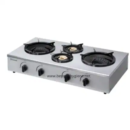 Stainless steel commercial gas stove with three burners, ideal for professional kitchens and hygiene-conscious food service environments. Durable, easy to clean, and reliable for cooking efficiency.