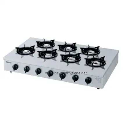 Stainless steel gas stove with six burners perfect for commercial kitchens - Beyond Hygiene Asia.