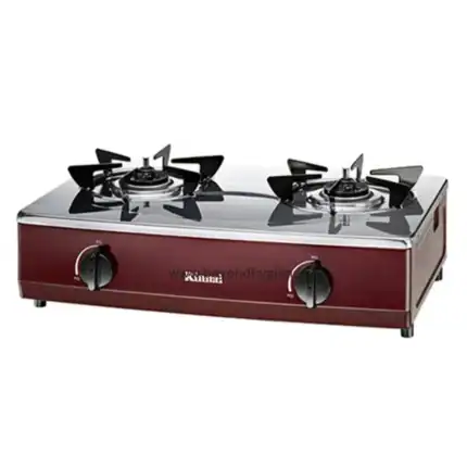 Gas stove with two burners and control knobs, ideal for commercial or domestic kitchen use. Suitable for cooking needs with efficient heat distribution and durable design.