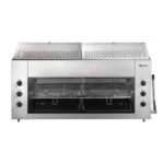 Stainless steel commercial rotisserie oven for professional foodservice and catering, with adjustable controls and multiple racks for even cooking and easy cleaning.