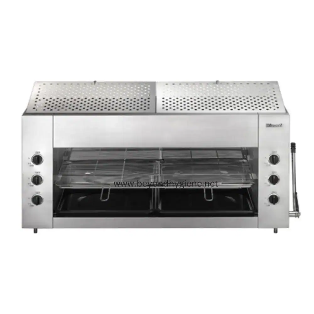 Rinnai Salamander RSB-926N Stainless steel commercial rotisserie oven for professional foodservice and catering, with adjustable controls and multiple racks for even cooking and easy cleaning.