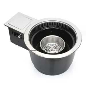 Stainless steel commercial garbage disposal unit for waste management and sanitation in hygienic environments.