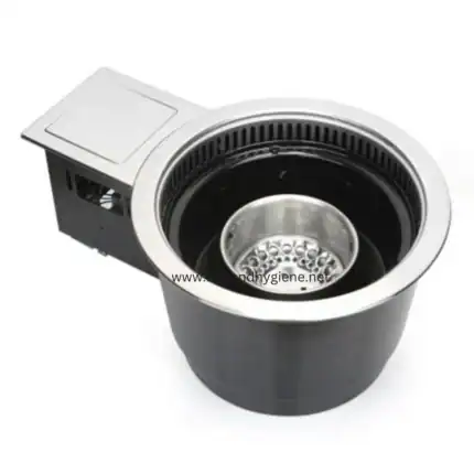 Stainless steel commercial garbage disposal unit for waste management and sanitation in hygienic environments.