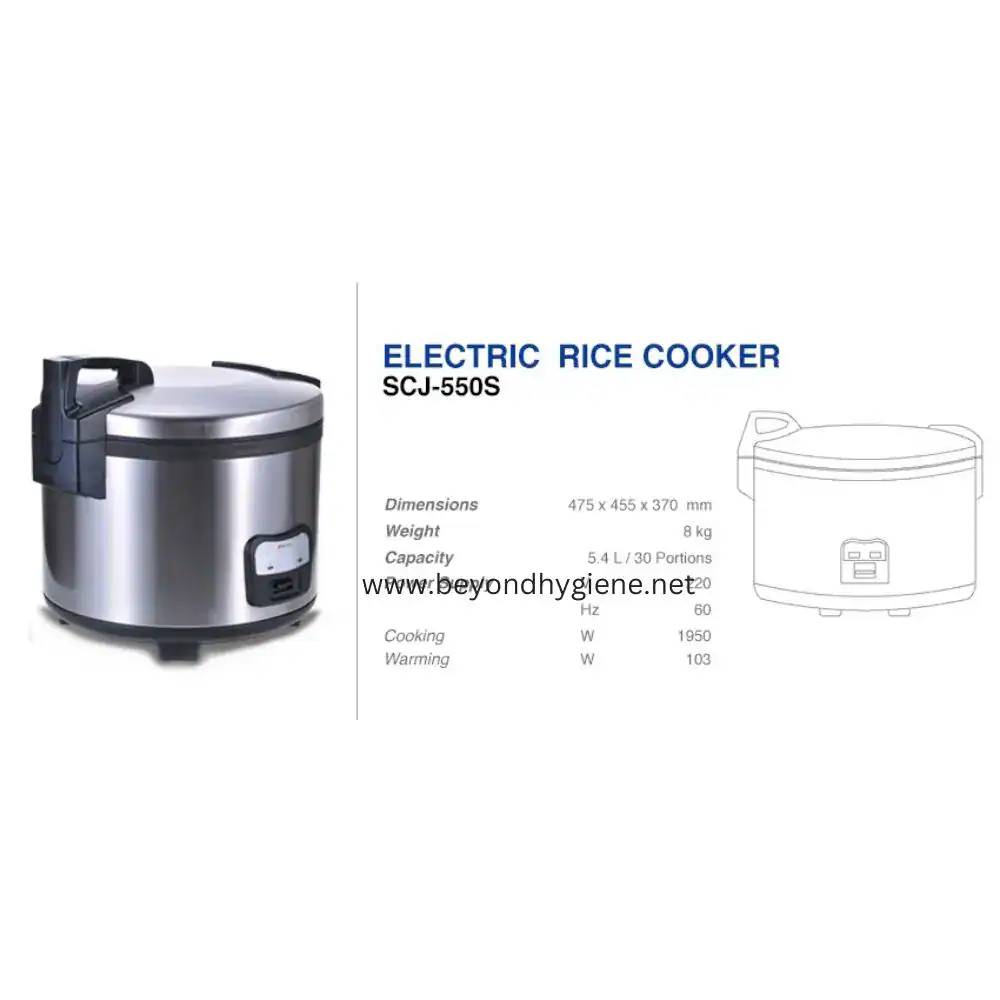 Shinil Electric Rice Cooker SCJ-550S Electric rice cooker beyond hygiene asia product image, kitchen appliance, stainless steel electric rice cooker for home and commercial use, model SCJ-550S, featuring specifications and dimensions, optimized for hygiene and efficiency.