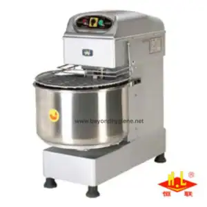 Stainless steel industrial dough mixing machine for bakery and food production.