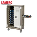 Blue food storage cart with multiple trays and a locking compartment on wheels, ideal for catering, food service, and sanitation purposes.