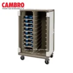 Cambo hygiene cart for medical cups storage, durable with multiple trays, easy to maneuver in healthcare facilities, ideal for maintaining hygiene standards.