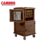 Food warming cart with multiple trays, commercial kitchen equipment for food service, durable catering trolley for hot and cold dishes, branded Cambro food transport solution.