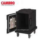 Black equipment storage box on wheels with an open front. Includes a stainless steel rear panel with warning labels, designed for sanitation and janitorial supplies.