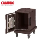 Ventilated janitorial cart with storage compartment and lockable cabinet for cleaning supplies, used in commercial and industrial cleaning settings.