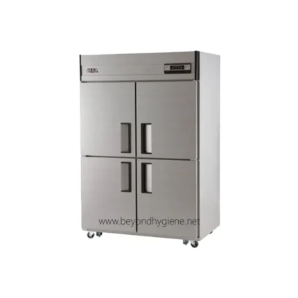 Stainless steel commercial refrigerator for hygiene-focused food storage in food service establishments.