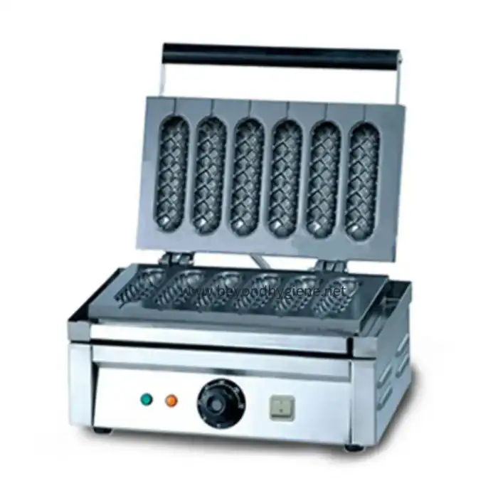 Stainless steel waffle machine for commercial kitchen use, ideal for bakeries and cafes, with adjustable temperature controls and non-stick plates.