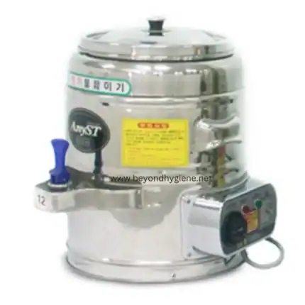 Stainless steel commercial rice cooker with safety controls, suitable for Asian cuisine food preparation, featuring durable design and easy operation.