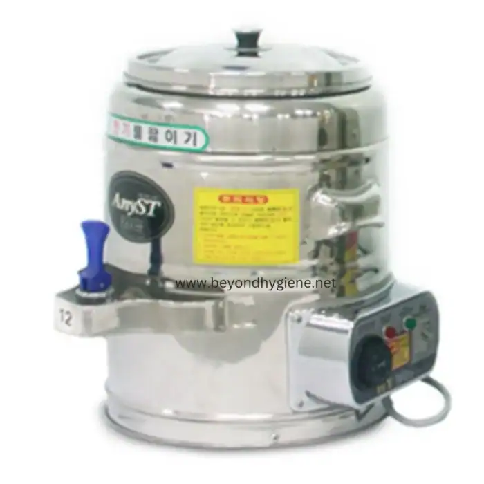 Stainless steel commercial rice cooker with safety controls, suitable for Asian cuisine food preparation, featuring durable design and easy operation.