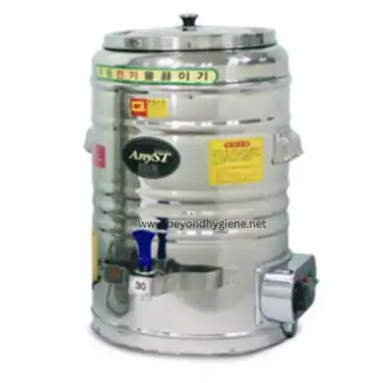 Stainless steel water boiler for commercial use, ideal for hygiene and beverage dispensing, featured by Beyond Hygiene Asia for professional kitchen and catering sanitation solutions.